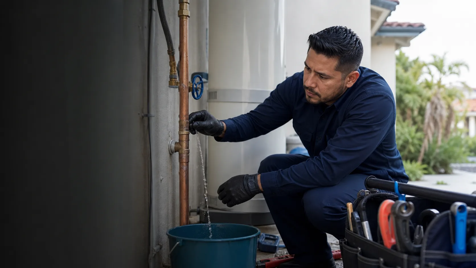 Plumber diagnosing a burst pipe leak at a residential utility connection