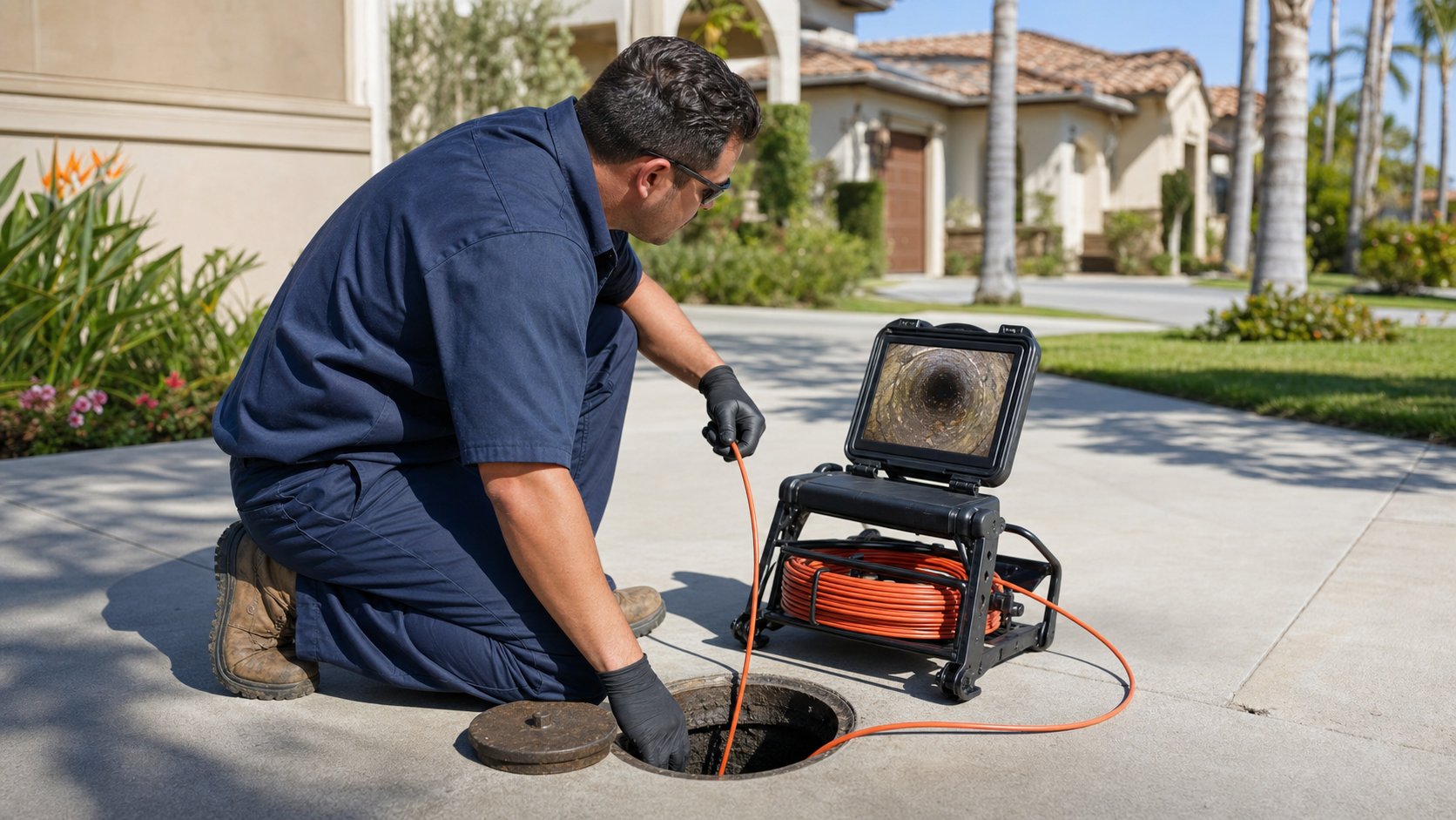 Technician performing a sewer camera inspection at a residential cleanout