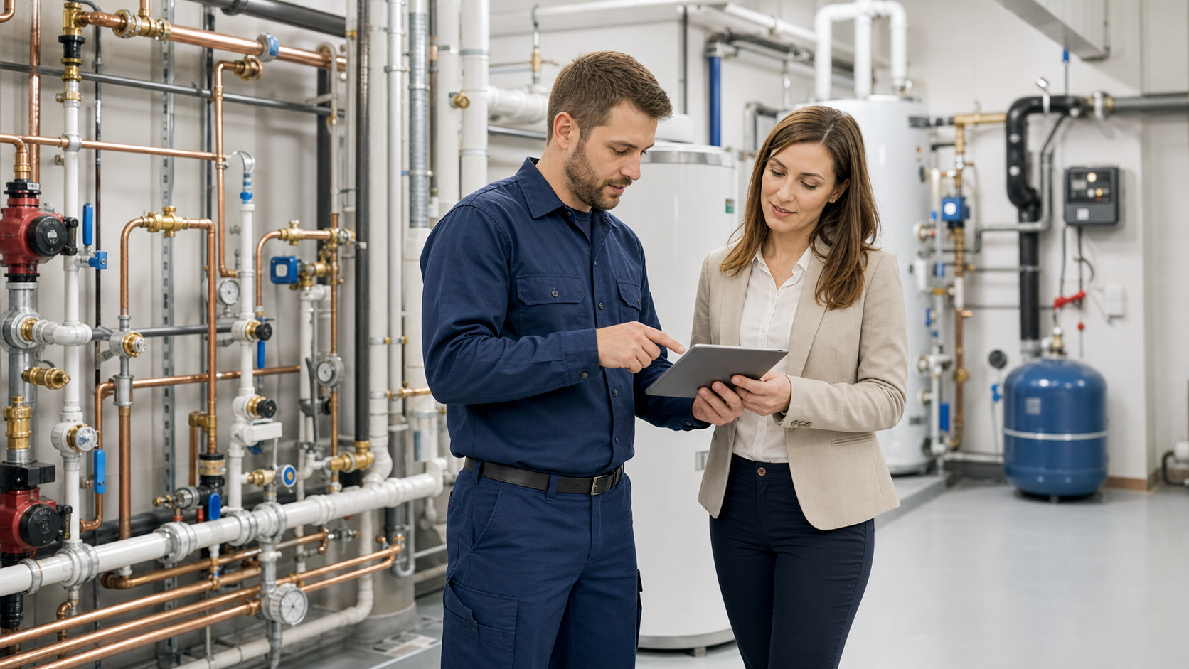 Plumber and property manager reviewing a commercial maintenance plan