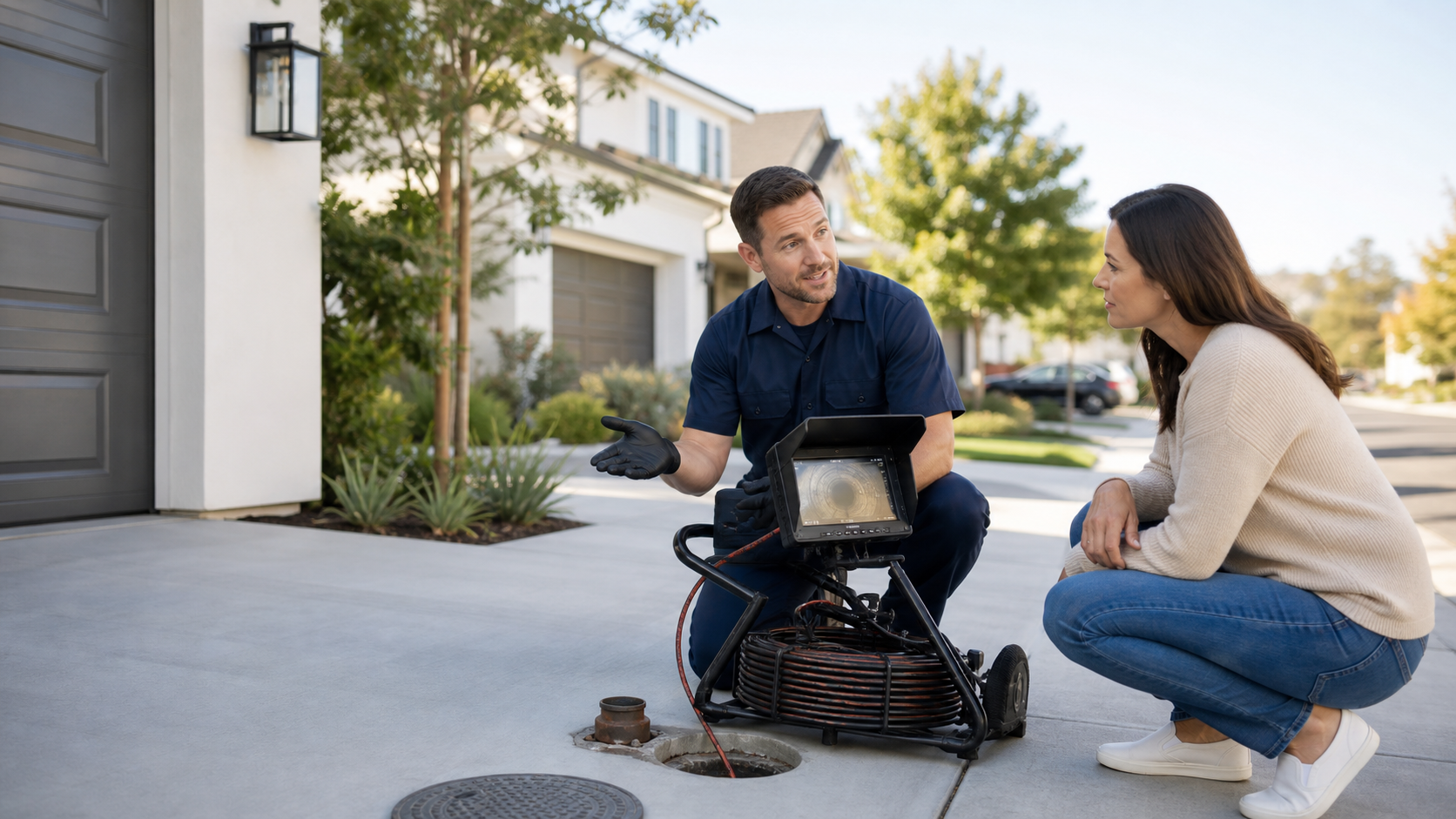Plumber explaining a sewer camera inspection to a homeowner