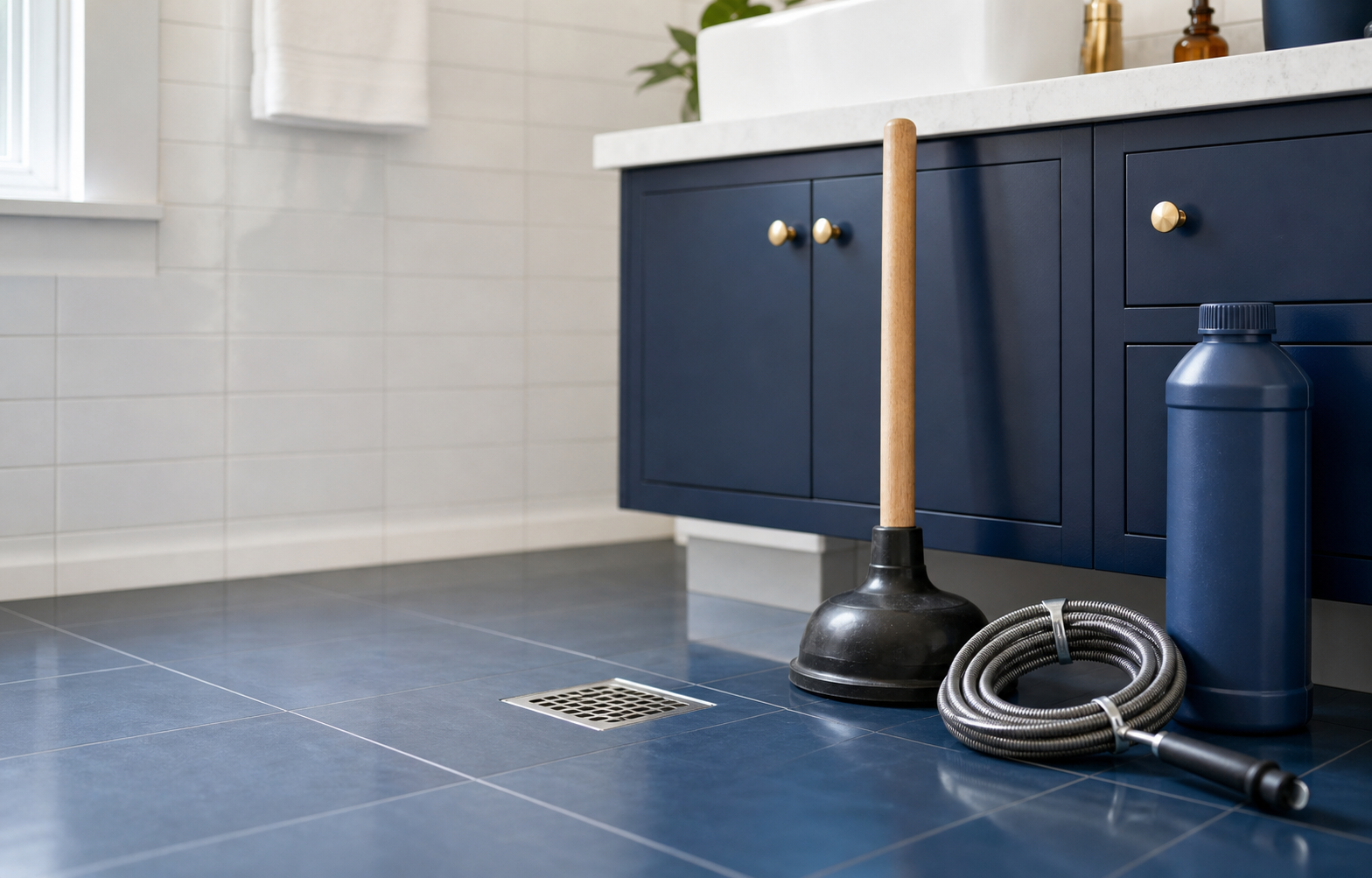 Plunger and drain cable ready for a bathroom cleanout