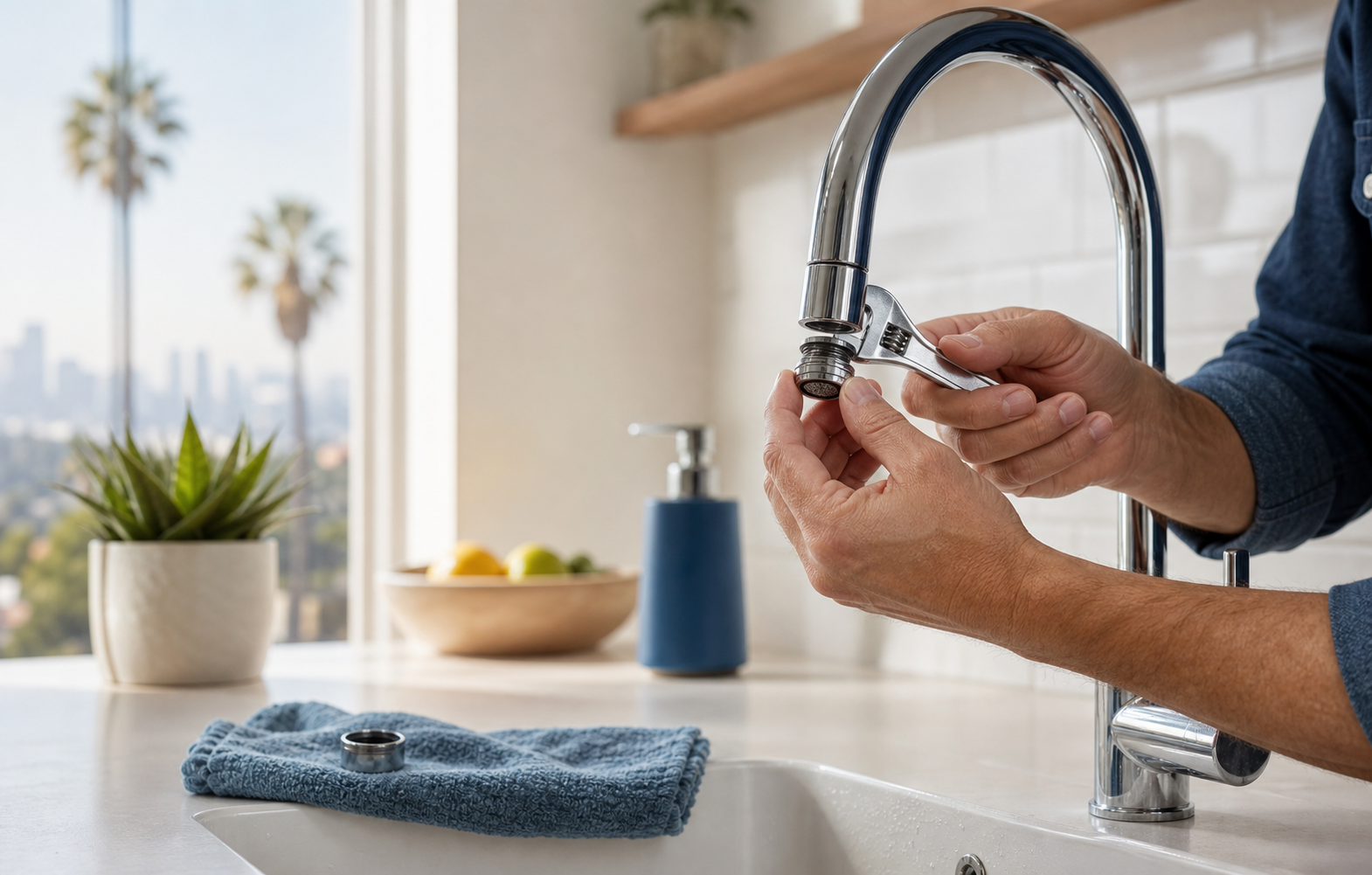 Hands removing a faucet aerator with a small wrench