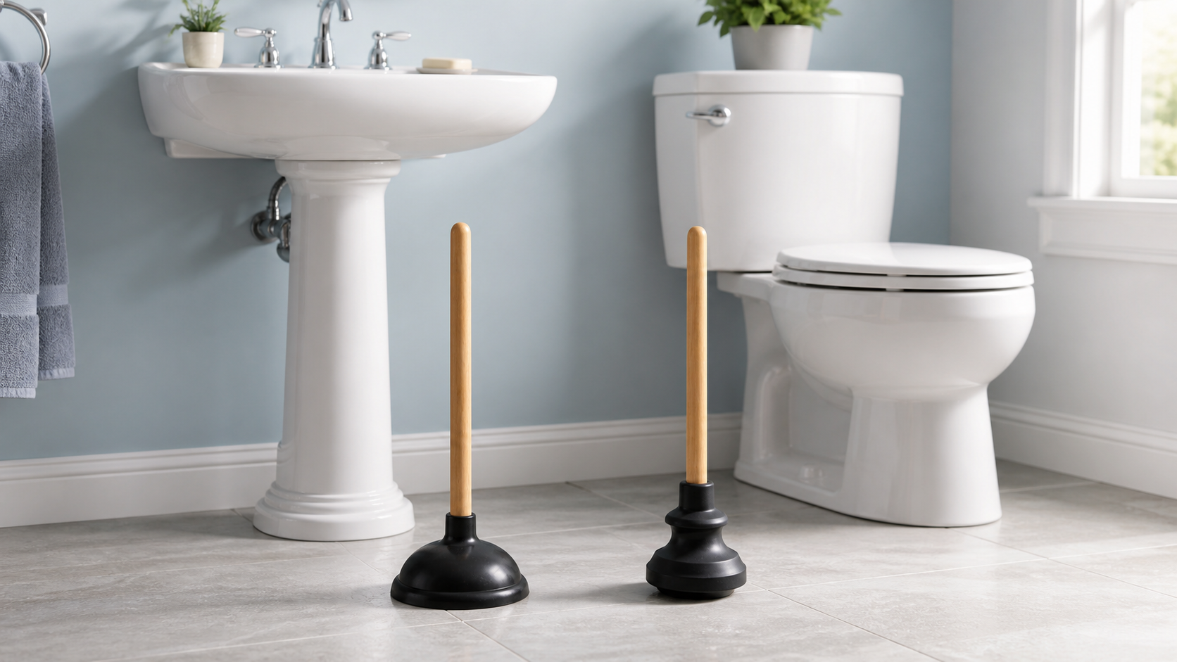 Flat cup sink plunger and flanged toilet plunger