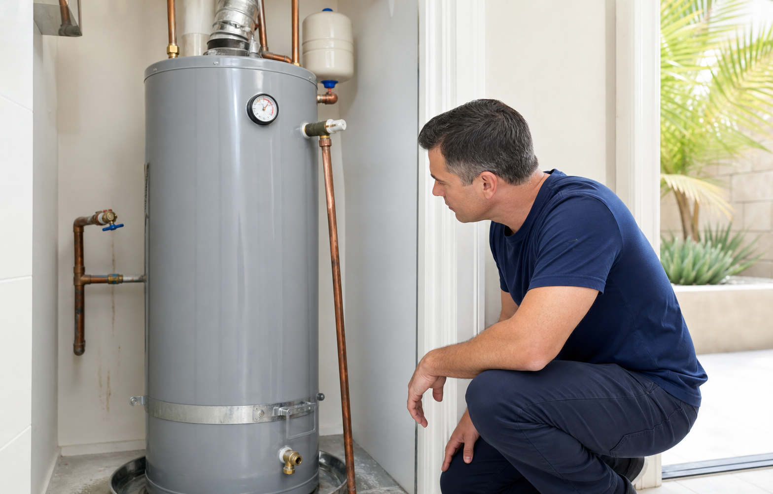 Homeowner safely checking a residential water heater