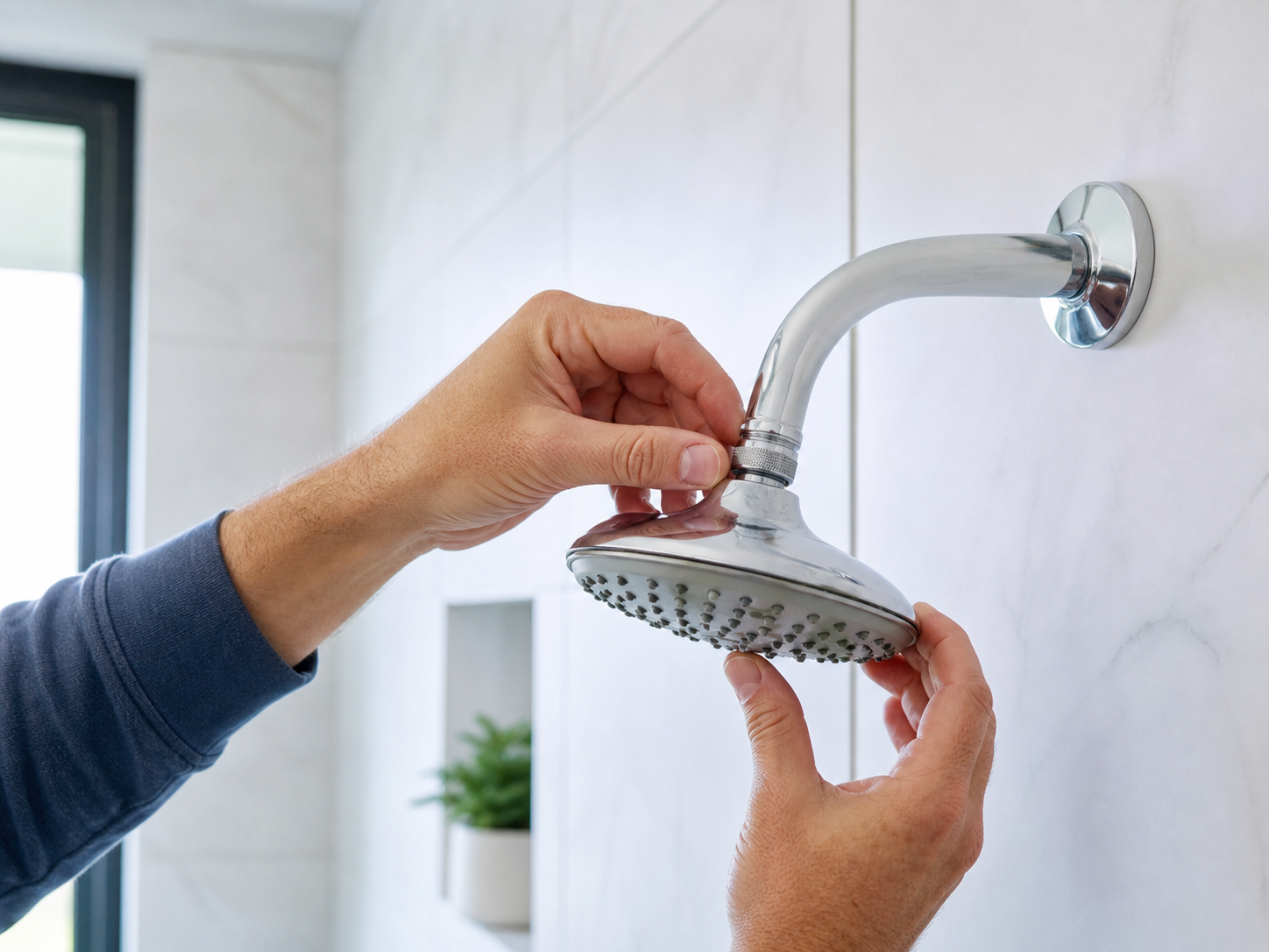 Homeowner inspecting a shower-head connection