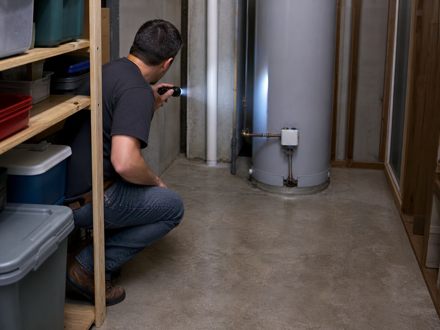 Homeowner safely checking a residential water heater