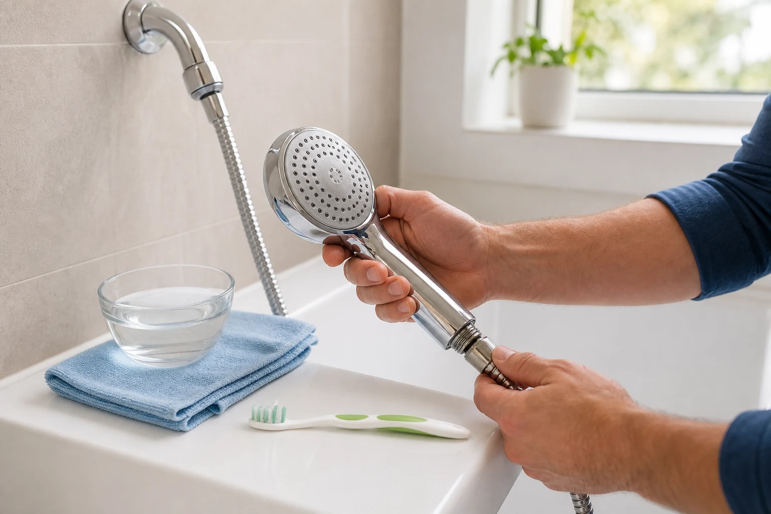 Homeowner cleaning a shower head