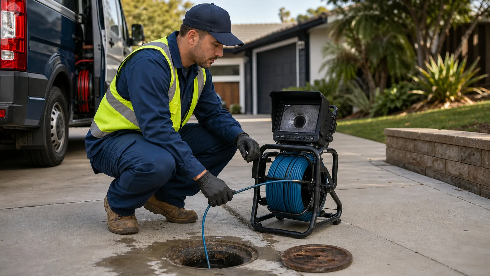 Plumber performing a sewer camera inspection