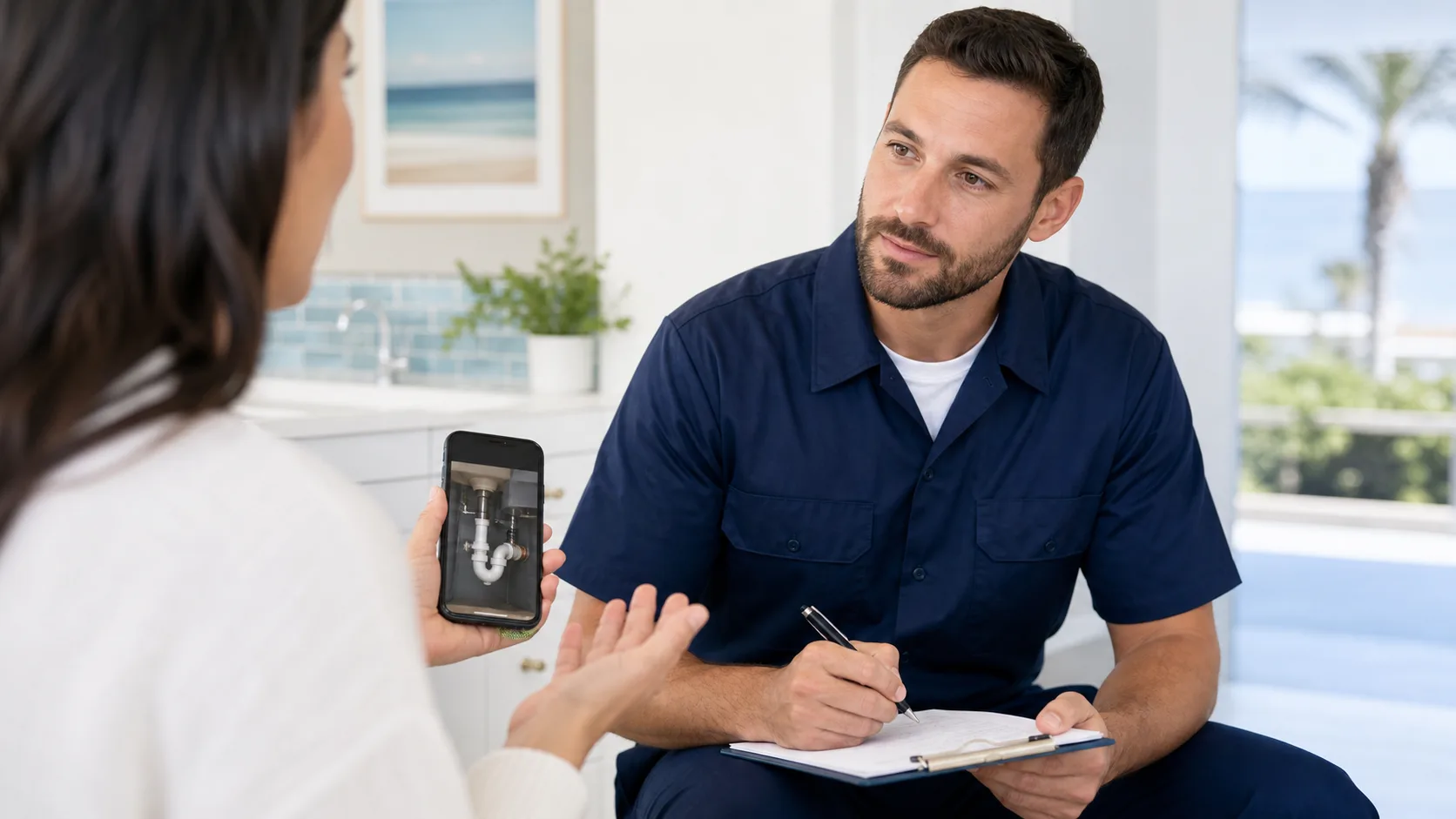 Homeowner showing a plumbing problem to a plumber
