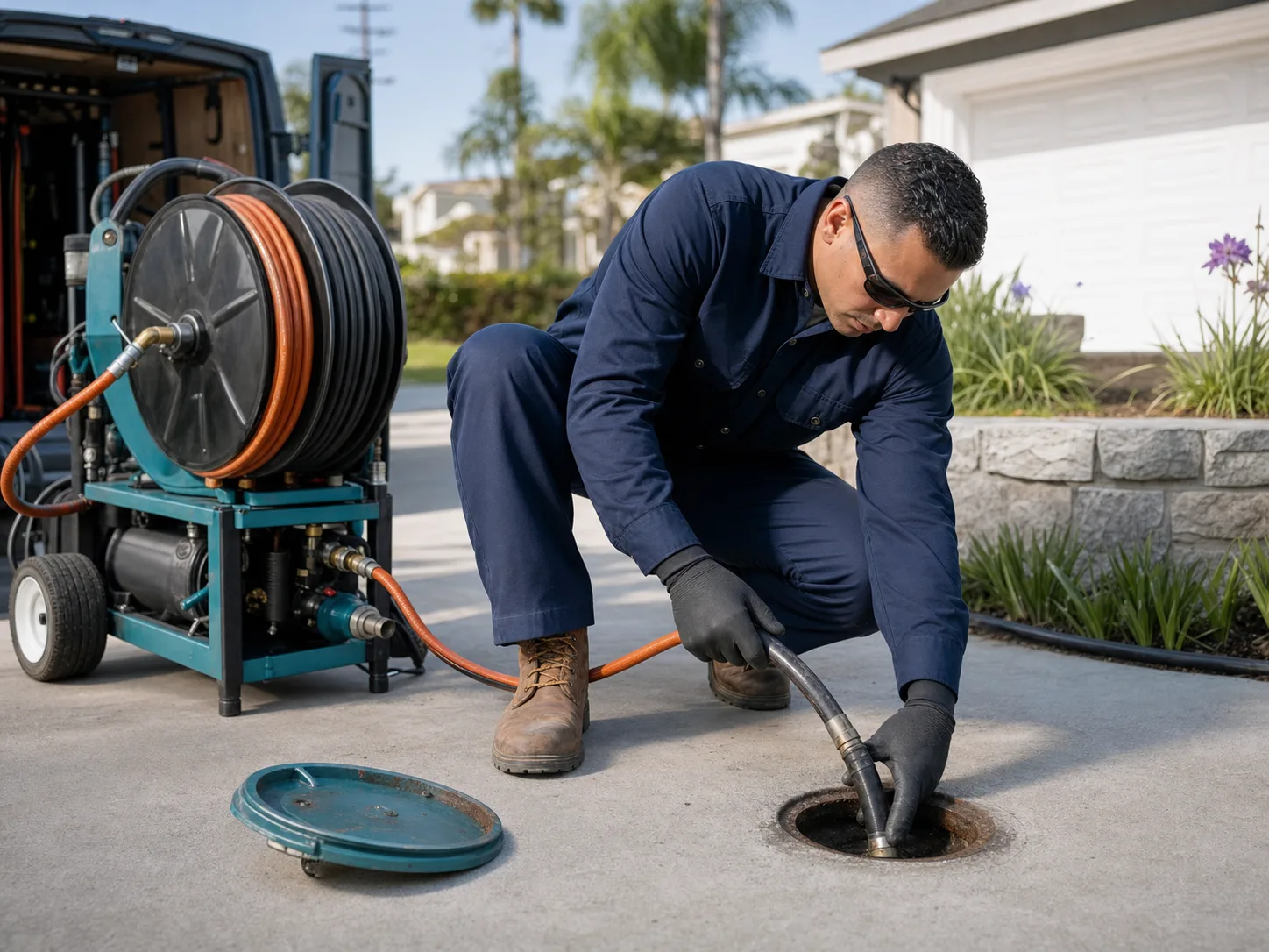 Plumber operating hydro jetting equipment at a residential cleanout