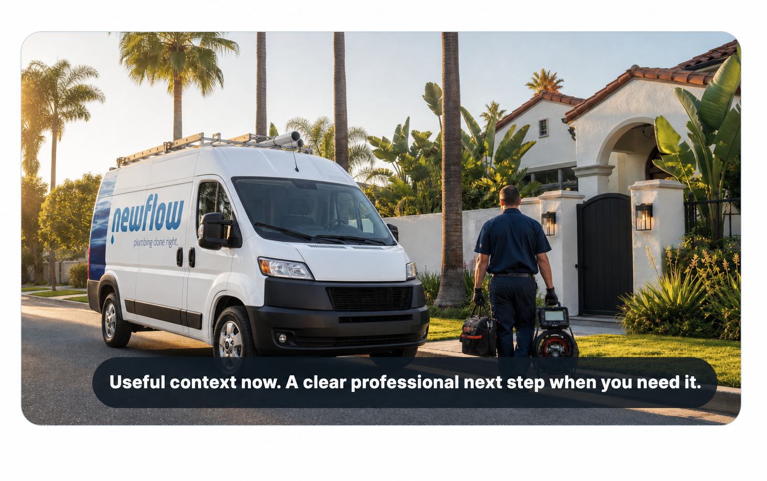 New Flow Plumbing white wrapped service van and technician ready for a service call