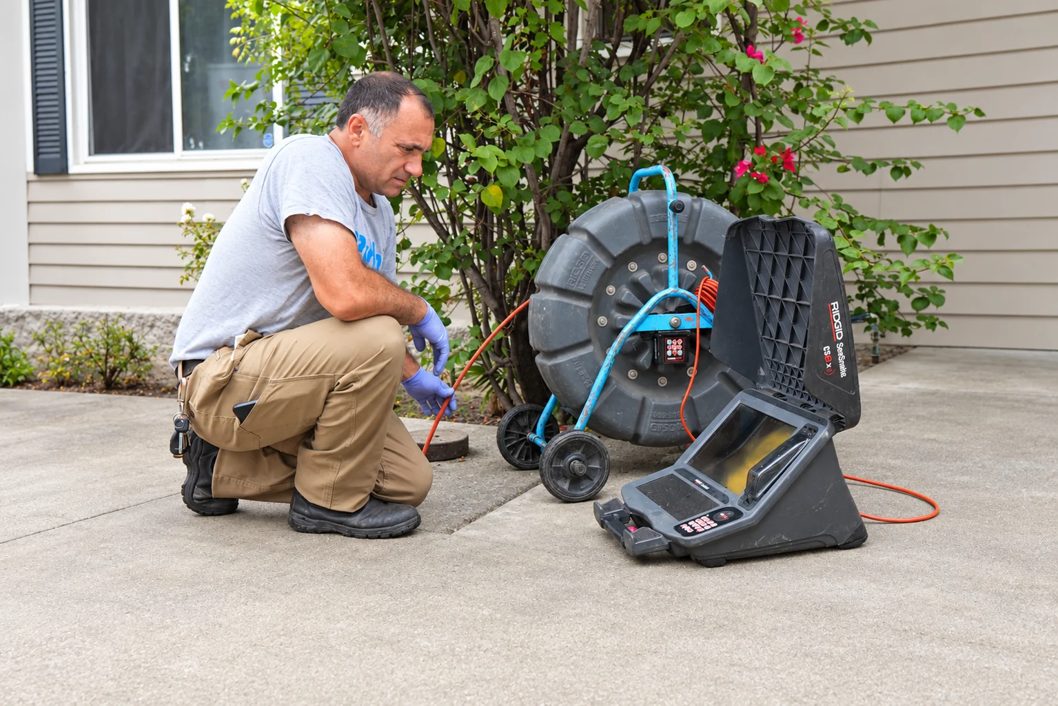 Plumber operating sewer camera inspection equipment beside a residential cleanout
