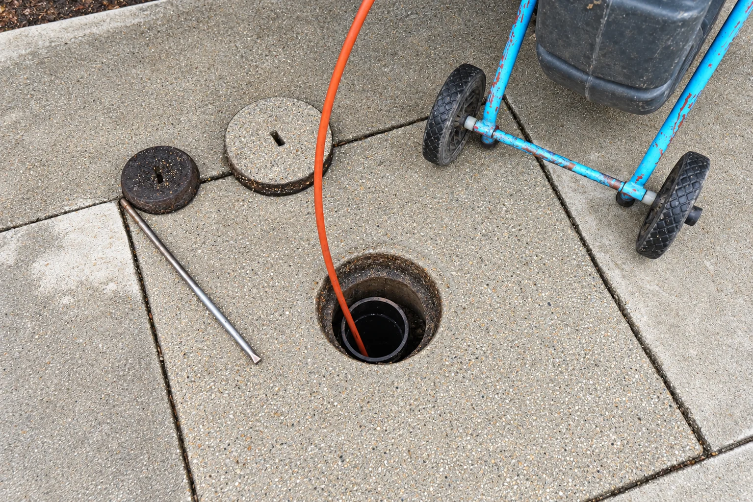 Professional sewer camera cable entering an open residential cleanout