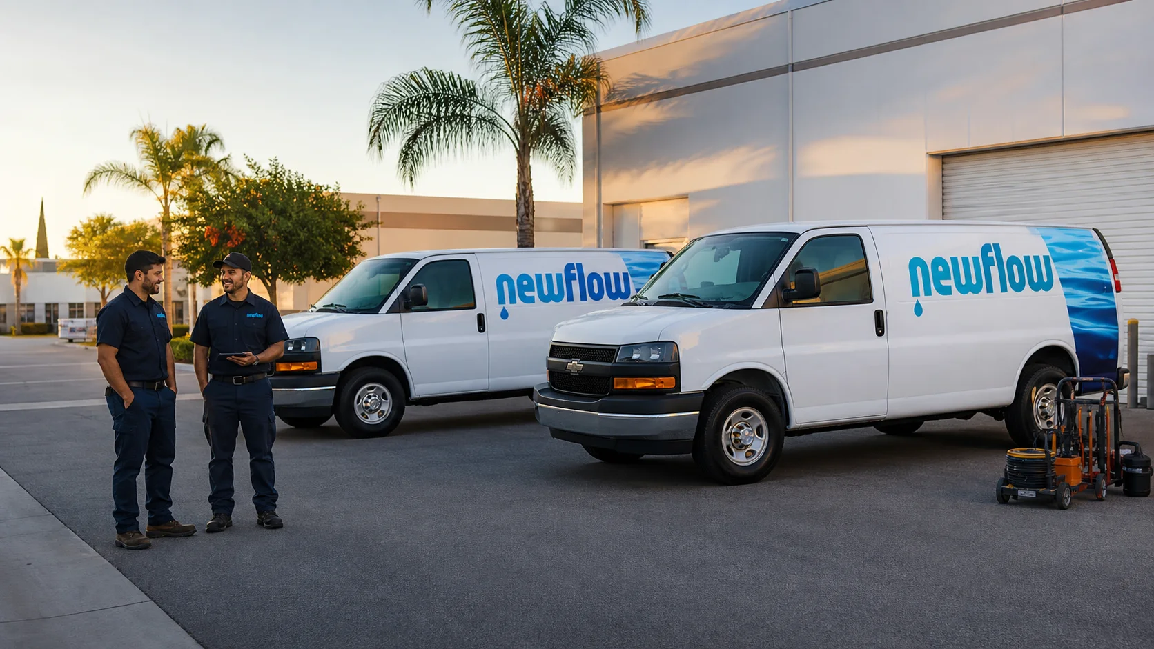 New Flow Plumbing branded service vehicles and technicians