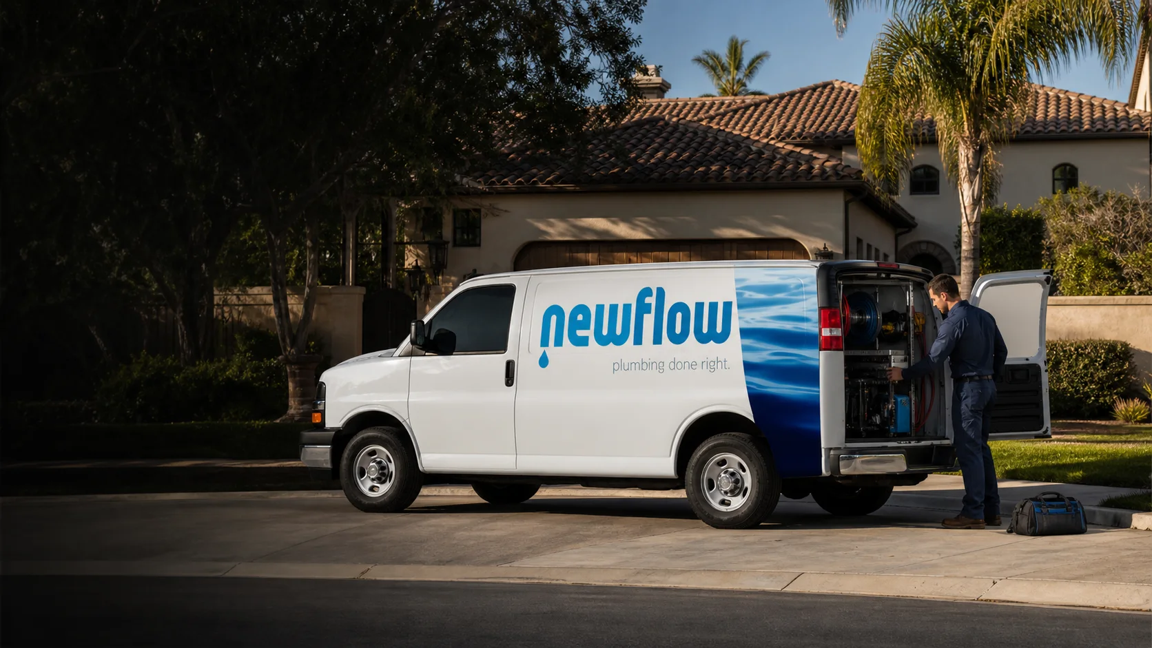 Branded New Flow Plumbing service van arriving at a Southern California home