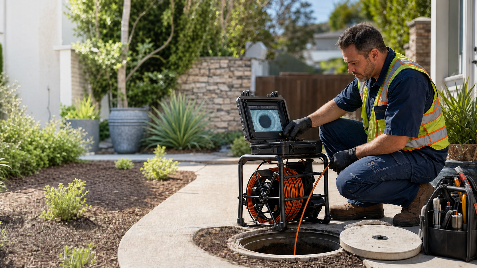 Plumber operating sewer camera inspection equipment beside a residential cleanout