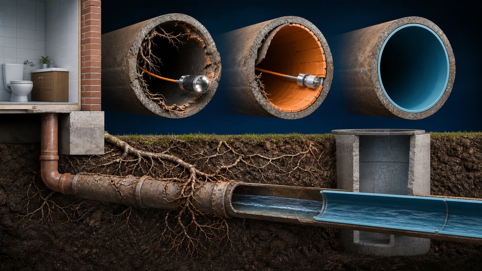 Illustrated sewer line repair showing damaged and restored pipe sections