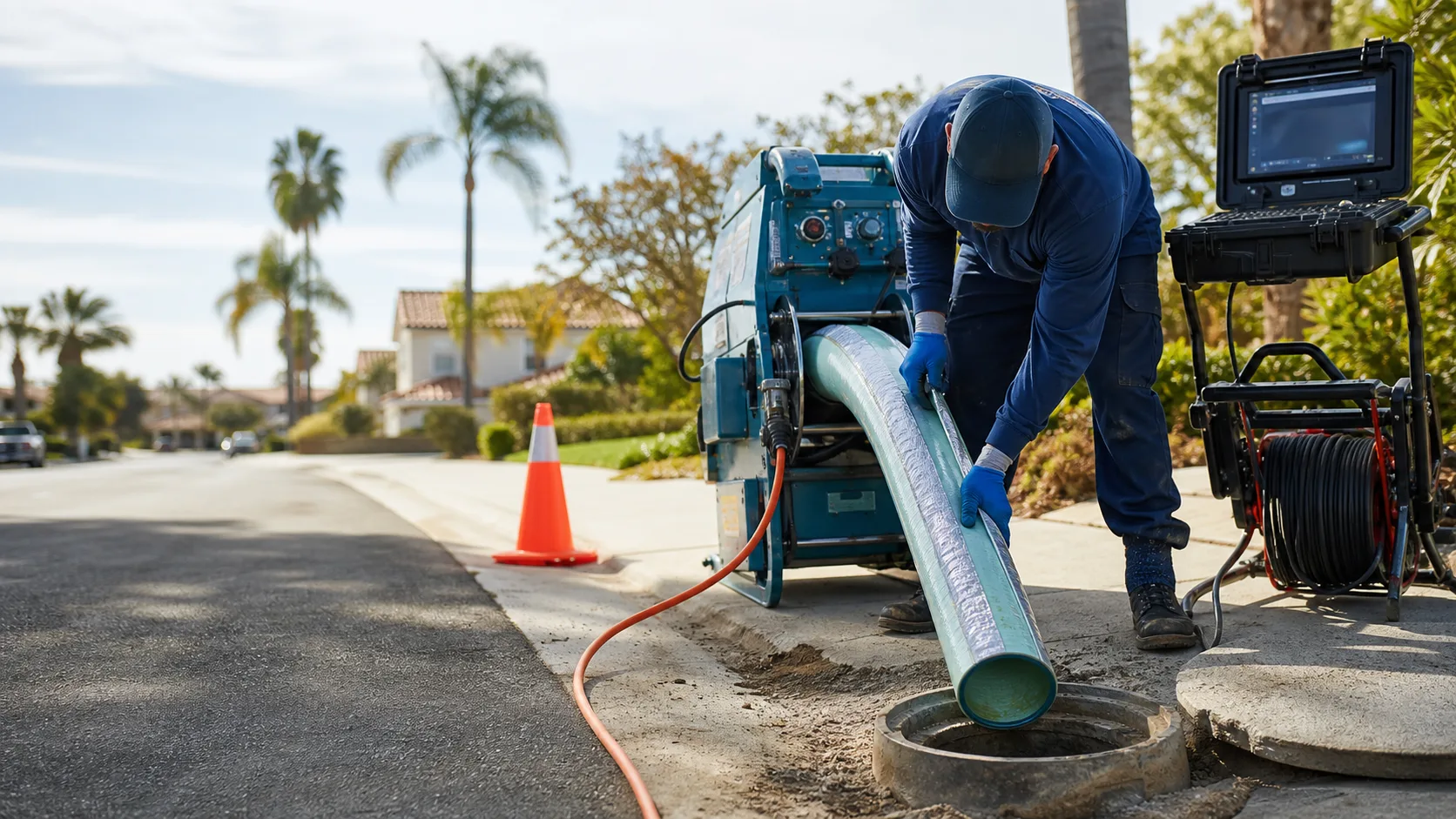 Technician preparing trenchless pipe lining equipment in a neighborhood