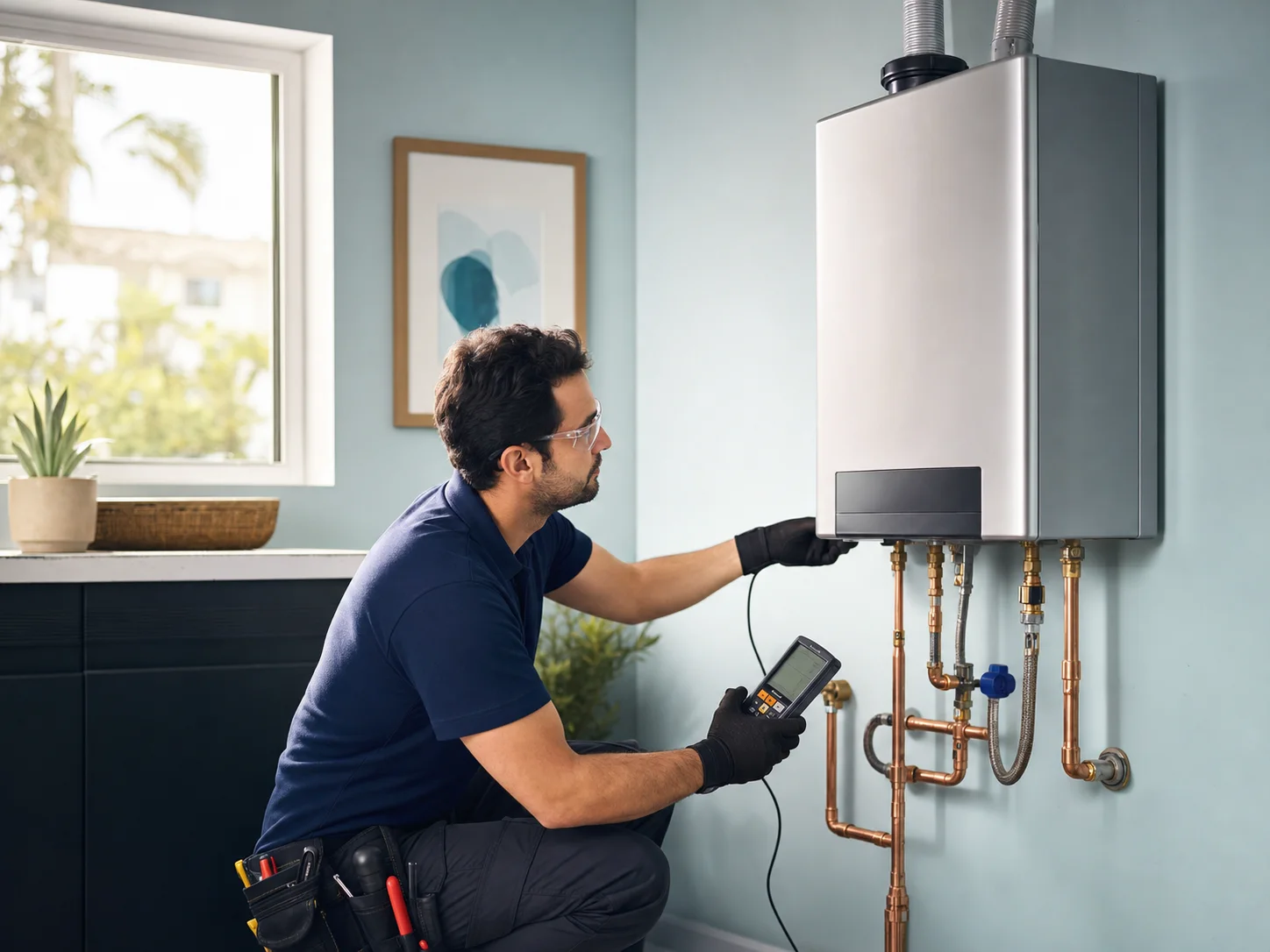 Technician servicing a residential water heater