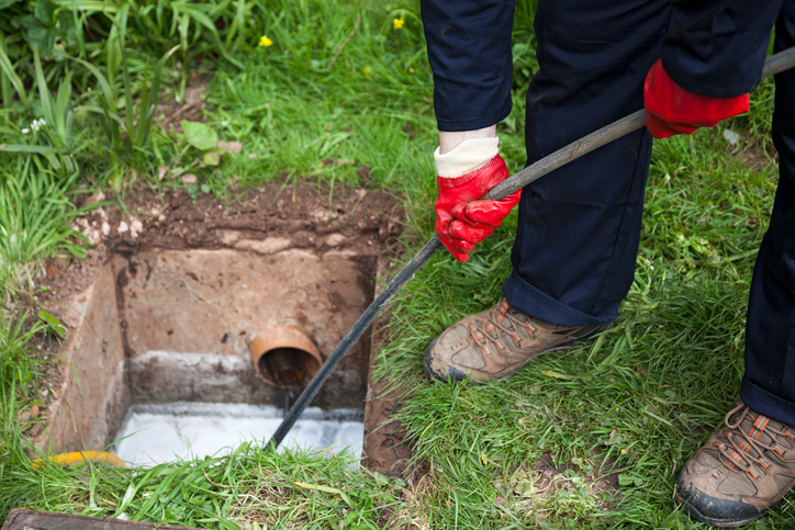 A plumber wearing red gloves and work boots stands in grass, feeding a metal drain snake cable into an uncovered outdoor sewer cleanout pipe to clear a main line clog.