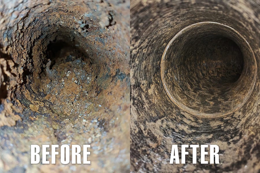 Side-by-side before and after sewer camera photos: Left (“BEFORE”) shows a severely clogged sewer pipe almost completely blocked with heavy scale, grease, and debris; Right (“AFTER”) shows the same pipe completely clean and clear after professional hydro jetting.