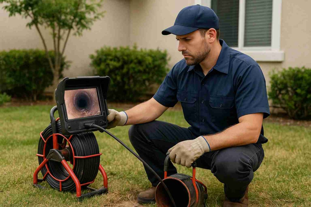 A man kneels with a hose and camera, conducting a sewer inspection in Canyon Country.