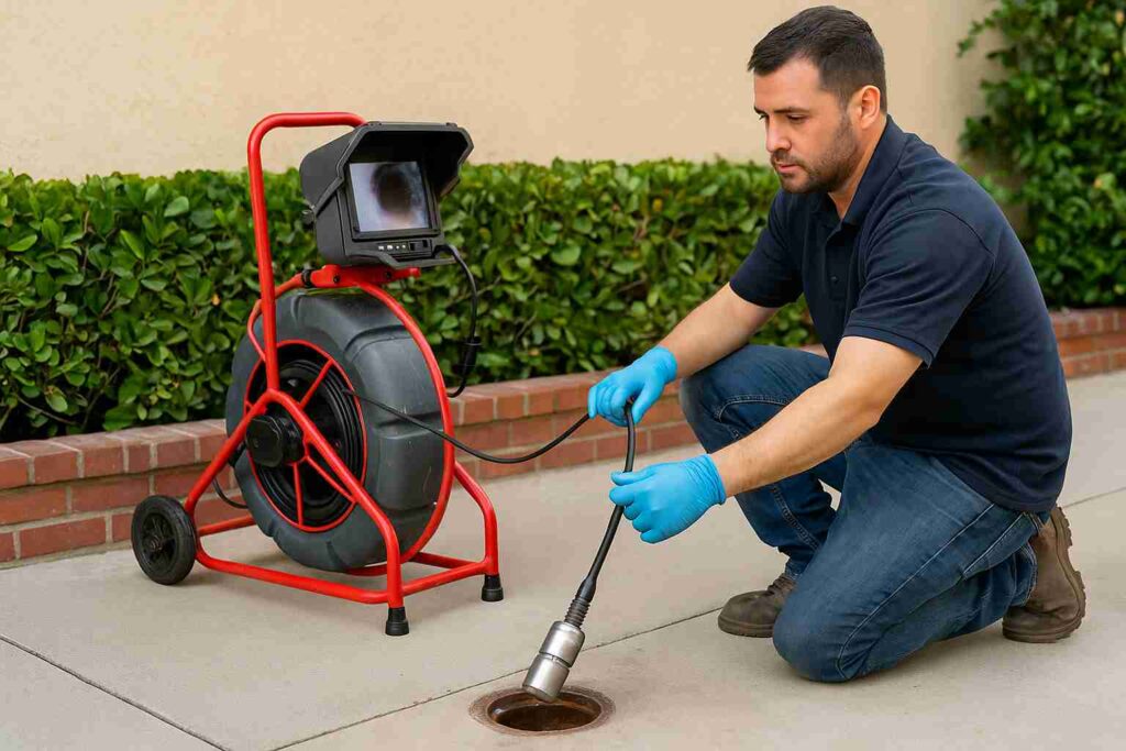 Technician performing sewer camera inspection outside a home in Universal City, CA