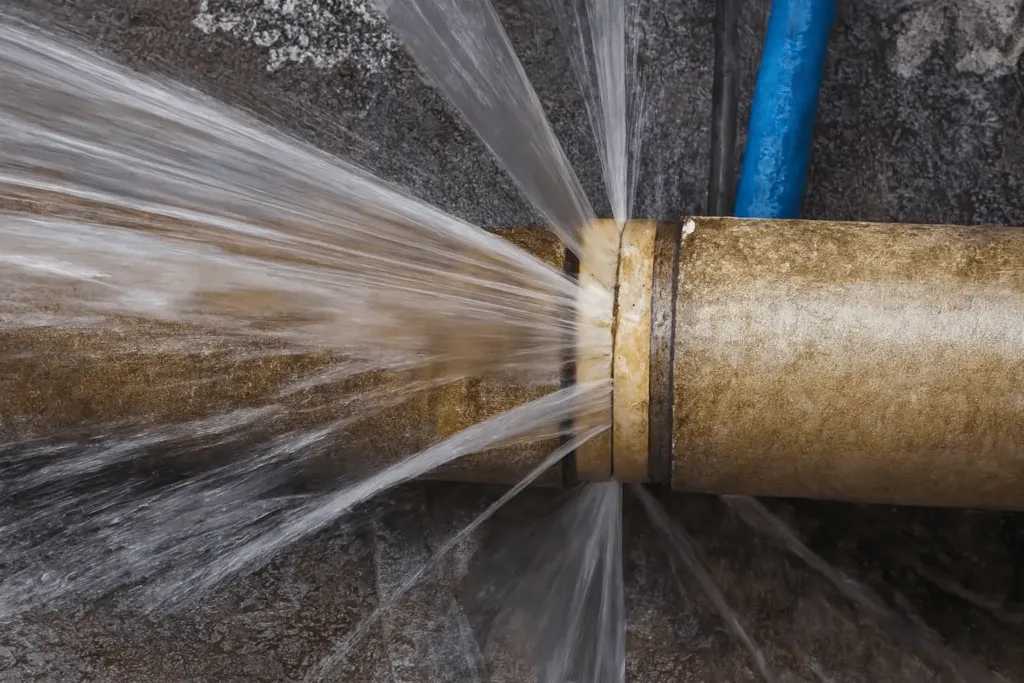 Close-up of a burst water pipe spraying under pressure, showing severe leakage that requires emergency pipe repair services