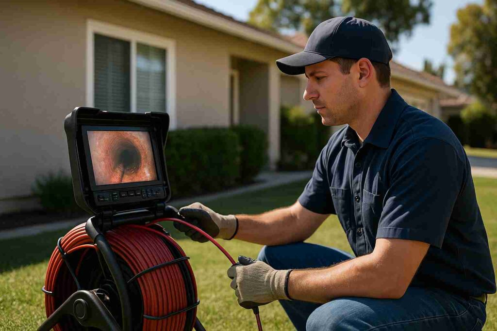Professional plumber performing sewer camera inspection on residential lawn in Canoga Park, CA using video inspection equipment