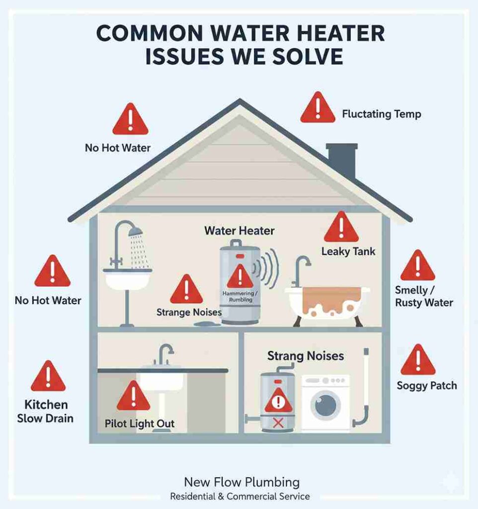 Illustration of a house highlighting common residential and commercial water heater issues solved by New Flow Plumbing, including no hot water, leaky tank, strange rumbling noises, rusty water, pilot light out, and fluctuating temperatures.