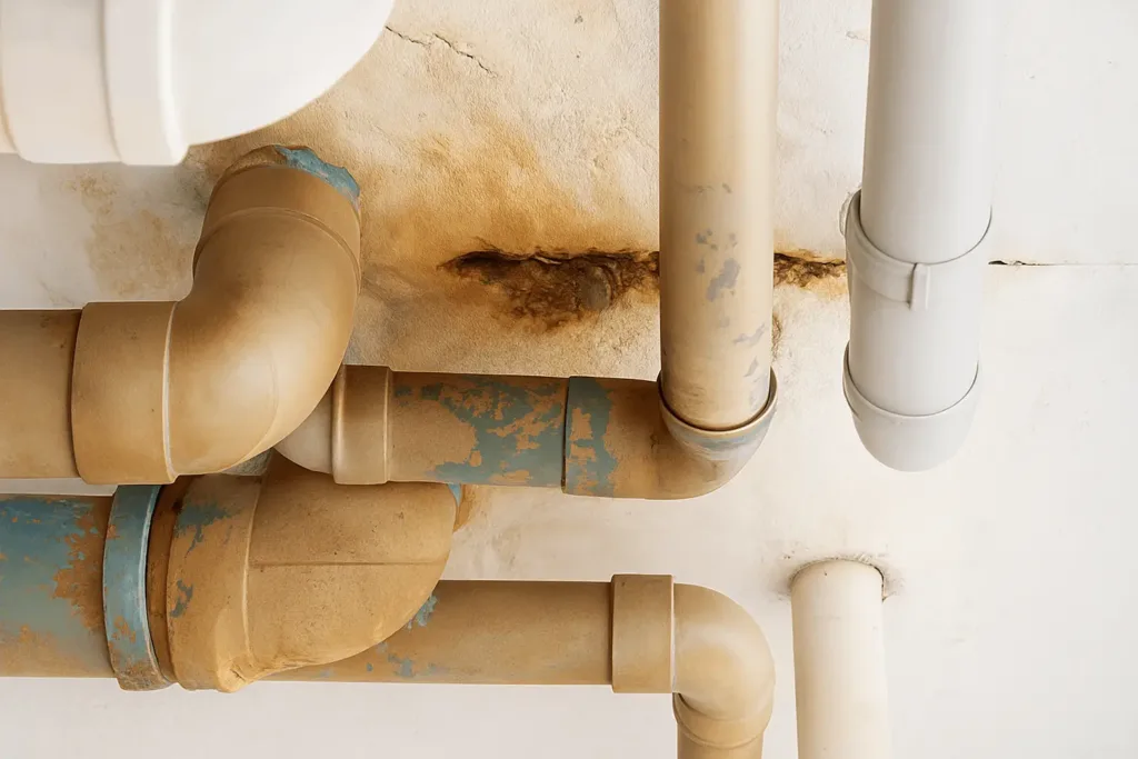 Close-up of corroded and rust-stained sewer pipes on a ceiling, showing signs of damage that may require pipe bursting repair