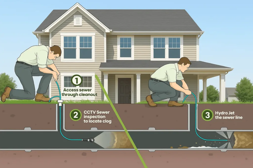 Illustration of hydro jetting procedure showing plumber accessing sewer cleanout, using CCTV inspection, and clearing sewer line in front of a residential home