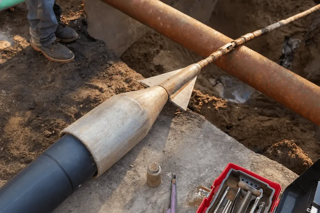 Close-up of a pipe bursting operation at a construction site, showing bursting head pulling new HDPE sewer pipe to replace old line