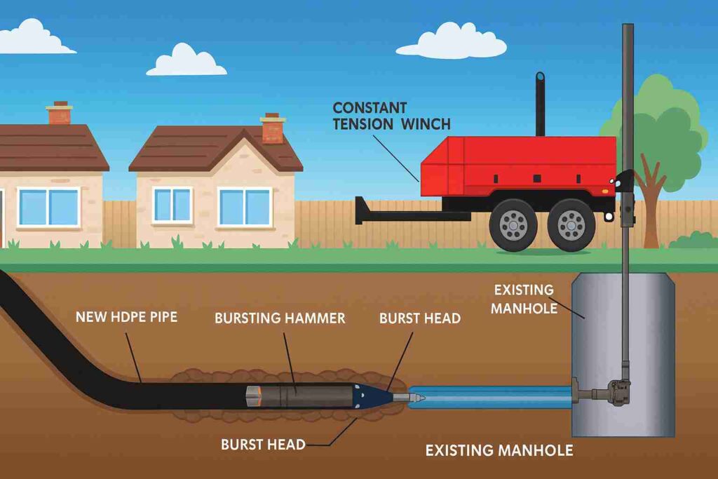 Illustration of trenchless pipe bursting for residential sewer line replacement in the USA, showing new HDPE pipe installation without digging