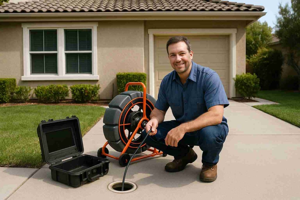 Plumber performing a sewer camera inspection in Agoura Hills front yard