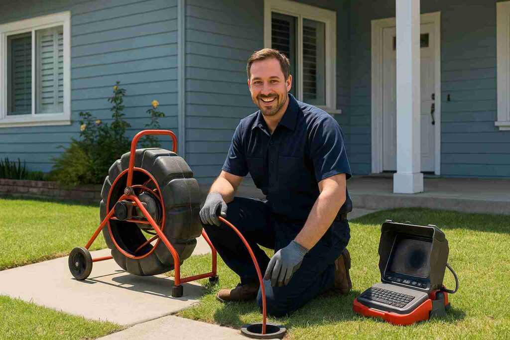 Professional plumber performing a sewer camera inspection outside a suburban home in Altadena, California