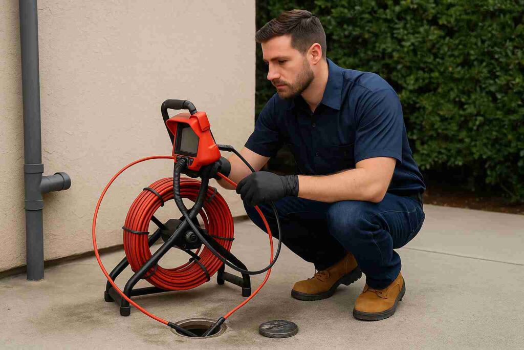 Professional plumber using a sewer inspection camera outside a residential home in La Crescenta, CA