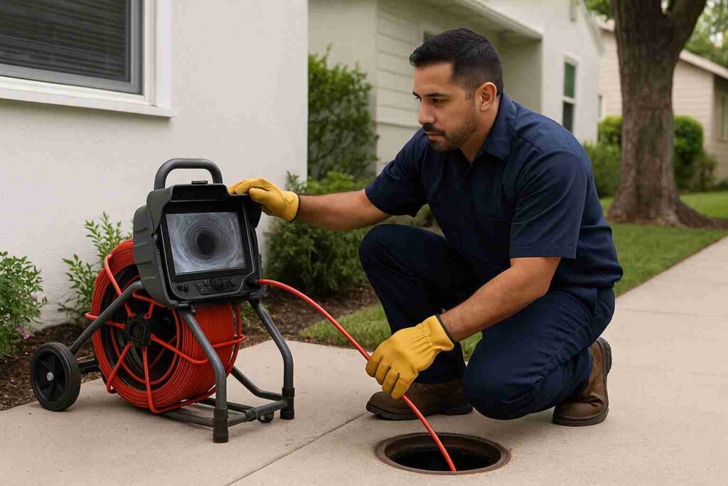 Plumber performing sewer camera inspection on a Los Angeles residential sidewalk using high-tech video equipment