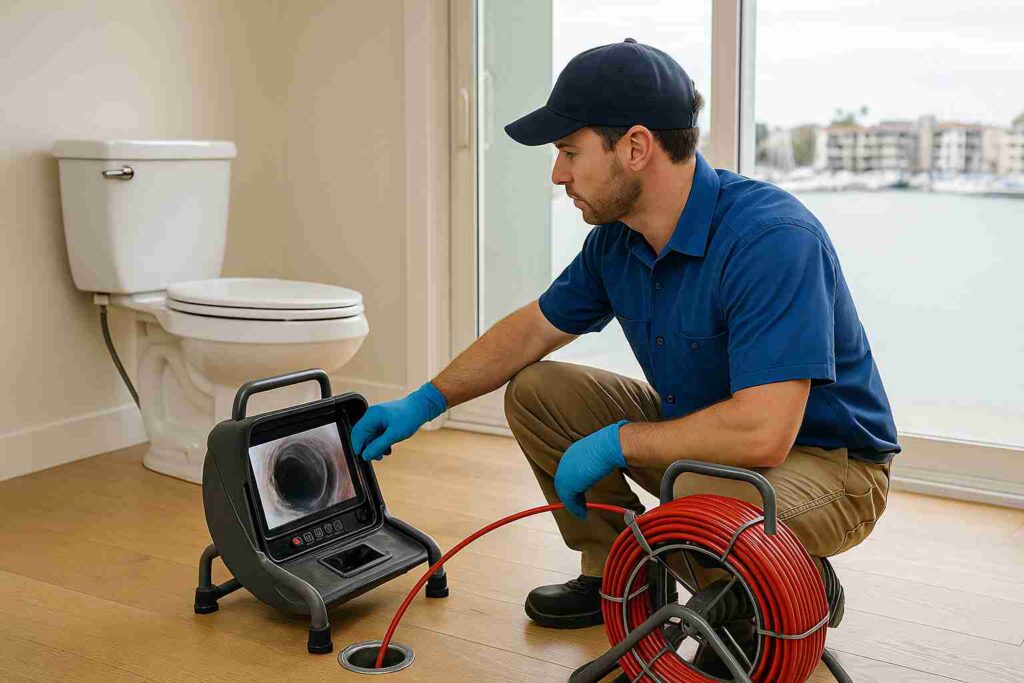 Plumber performing a sewer camera inspection inside a Marina Del Rey home with pipe footage displayed on monitor