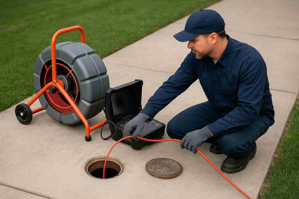 Plumber in Mission Hills using a sewer camera to inspect a residential drain line outdoors
