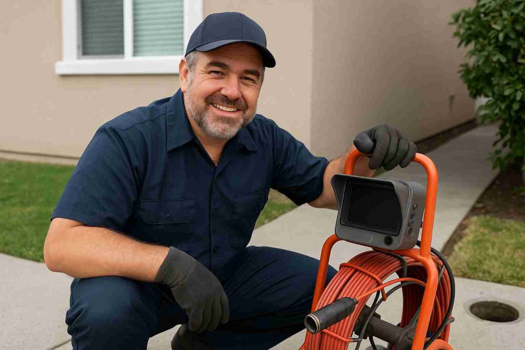 Smiling plumber in Mission Hills using sewer camera inspection equipment outside a residential home