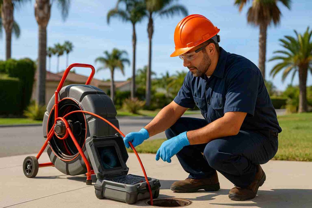 Plumber performing sewer camera inspection in Playa Del Rey with video scope equipment near residential home
