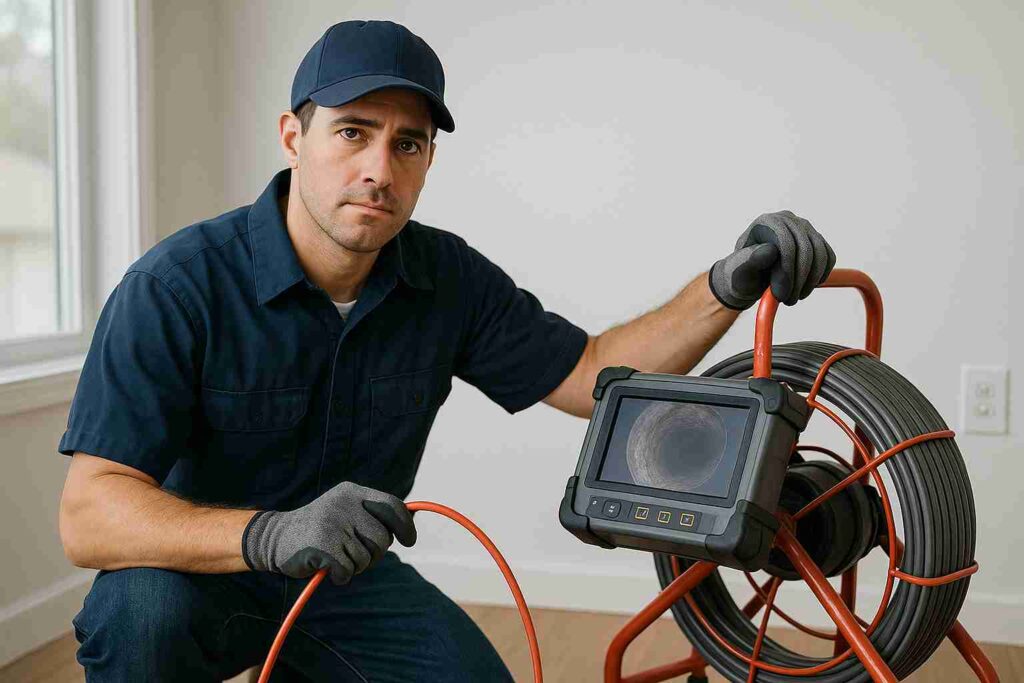 Professional plumber performing sewer camera inspection in Alhambra, CA using advanced video equipment