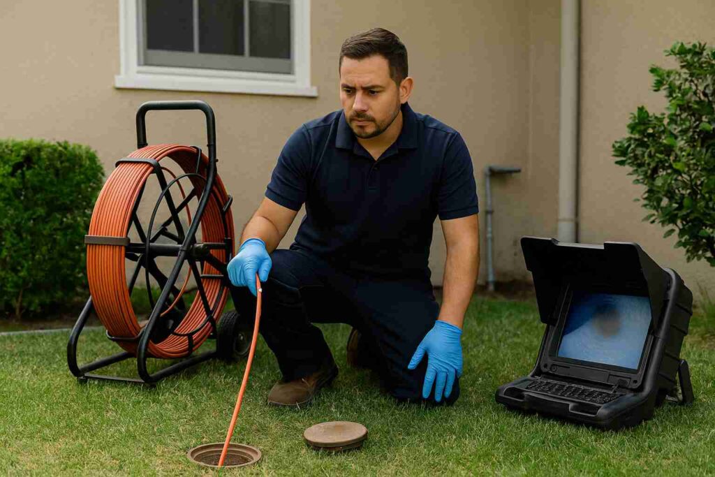 Professional plumber performing a sewer camera inspection on a residential lawn in Reseda, CA using CCTV equipment