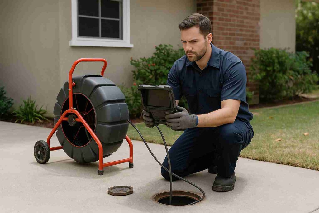 Professional plumber performing sewer camera inspection at a Sun Valley home using advanced CCTV equipment
