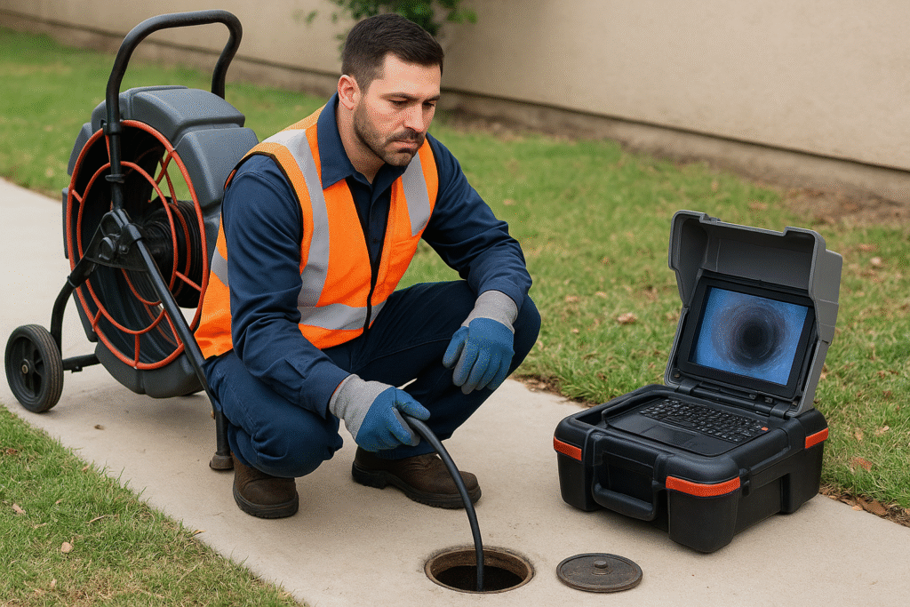 Professional plumber performing sewer camera inspection in Sylmar using CCTV equipment near a residential home