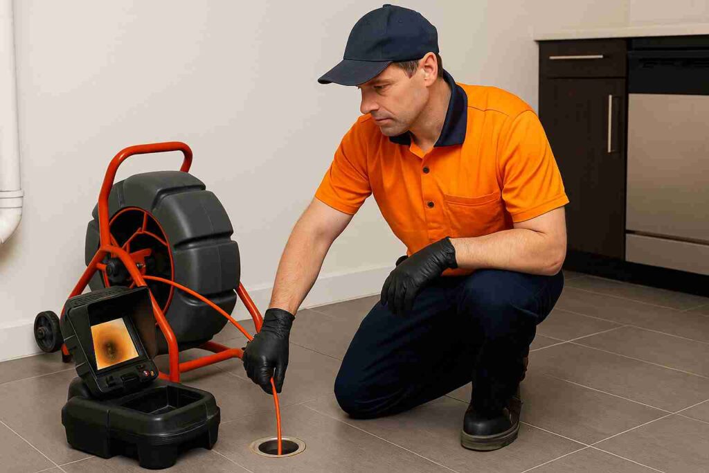 Technician performing sewer camera inspection in a Studio City home kitchen using CCTV equipment