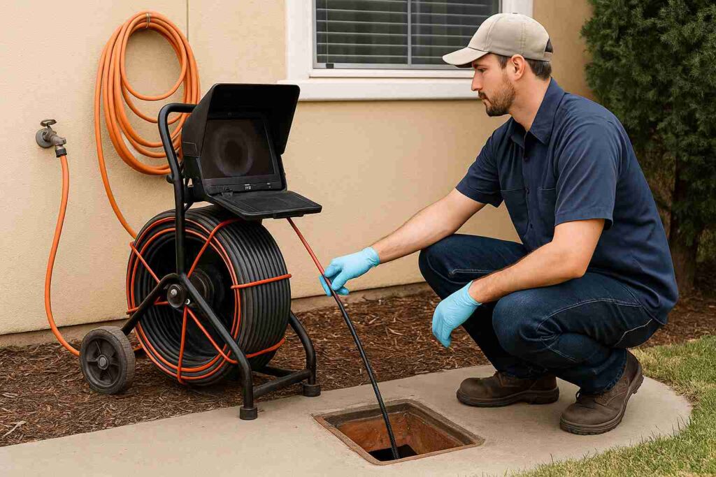 Plumber performing a sewer camera inspection outside a Valencia home using professional equipment
