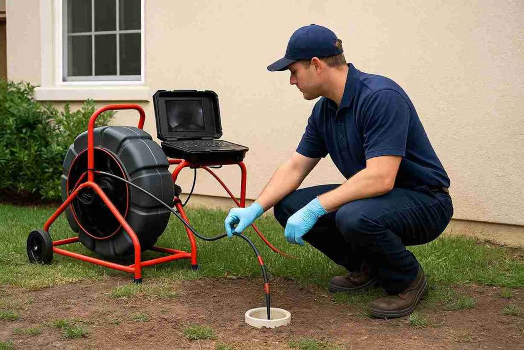 Plumbing technician performing sewer camera inspection in a West Hills yard using advanced camera equipment