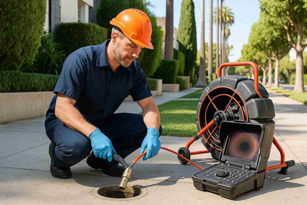 Plumber performing sewer camera inspection on residential sidewalk in West Hollywood using video equipment and coiled cable